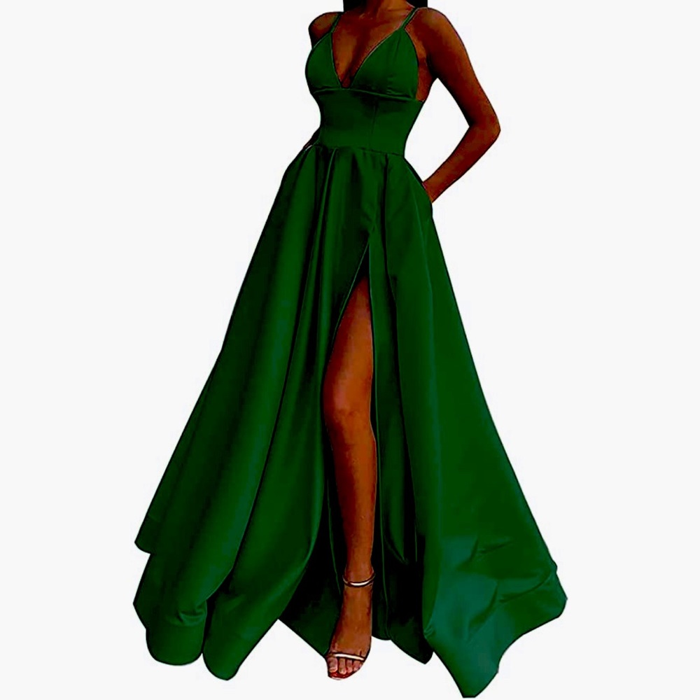 Dark green satin formal dress; Size 8